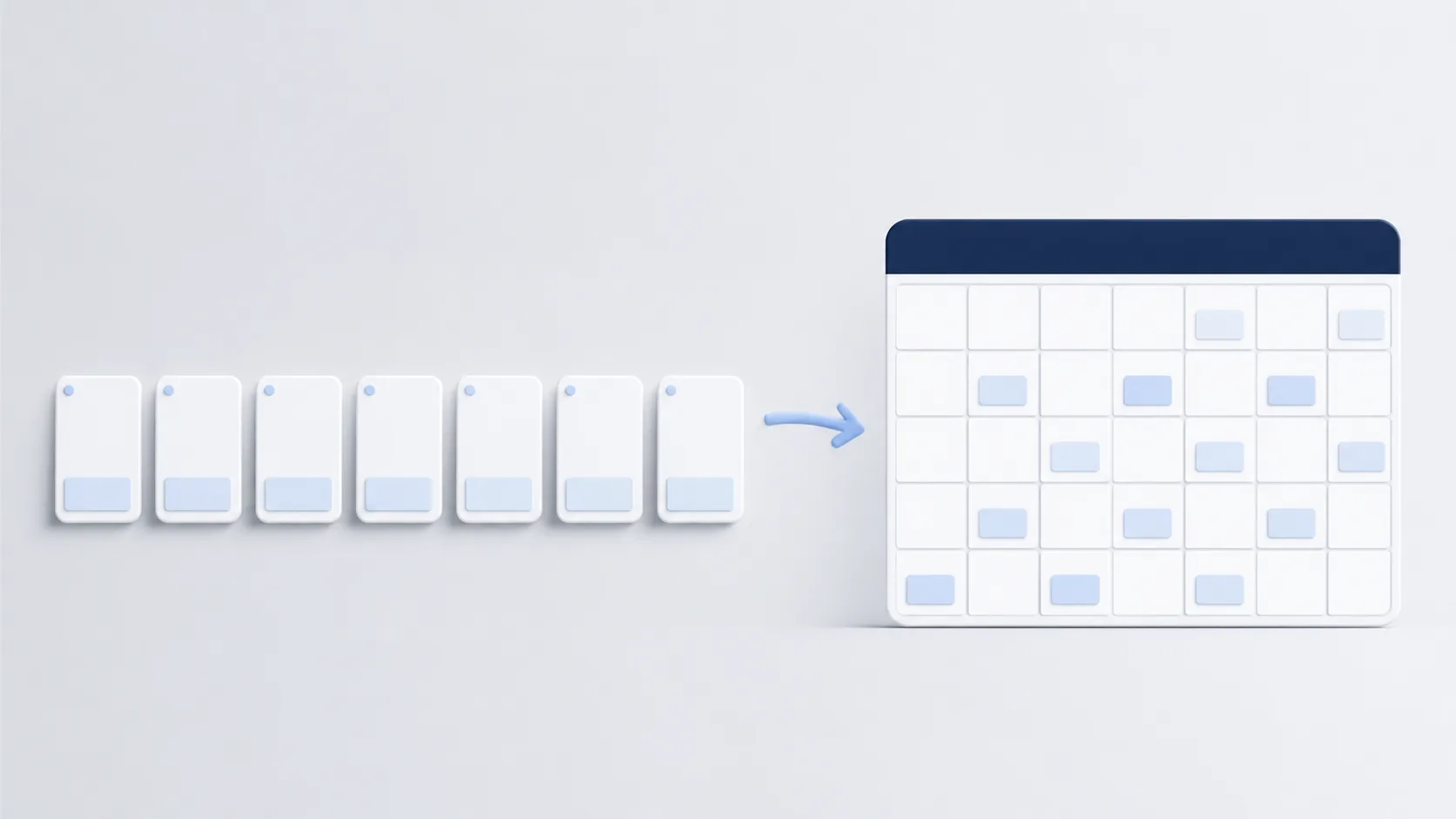 Seven blank social post cards flowing into an orderly monthly calendar